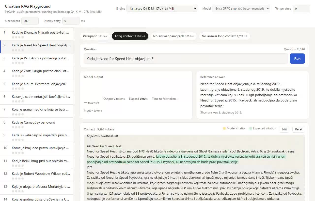 Работа llama.cpp Q4_K_M на CPU: модель отвечает на вопрос с длинным контекстом