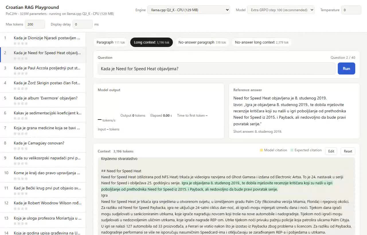 Работа llama.cpp Q2_K на CPU: модель отвечает на вопрос с длинным контекстом