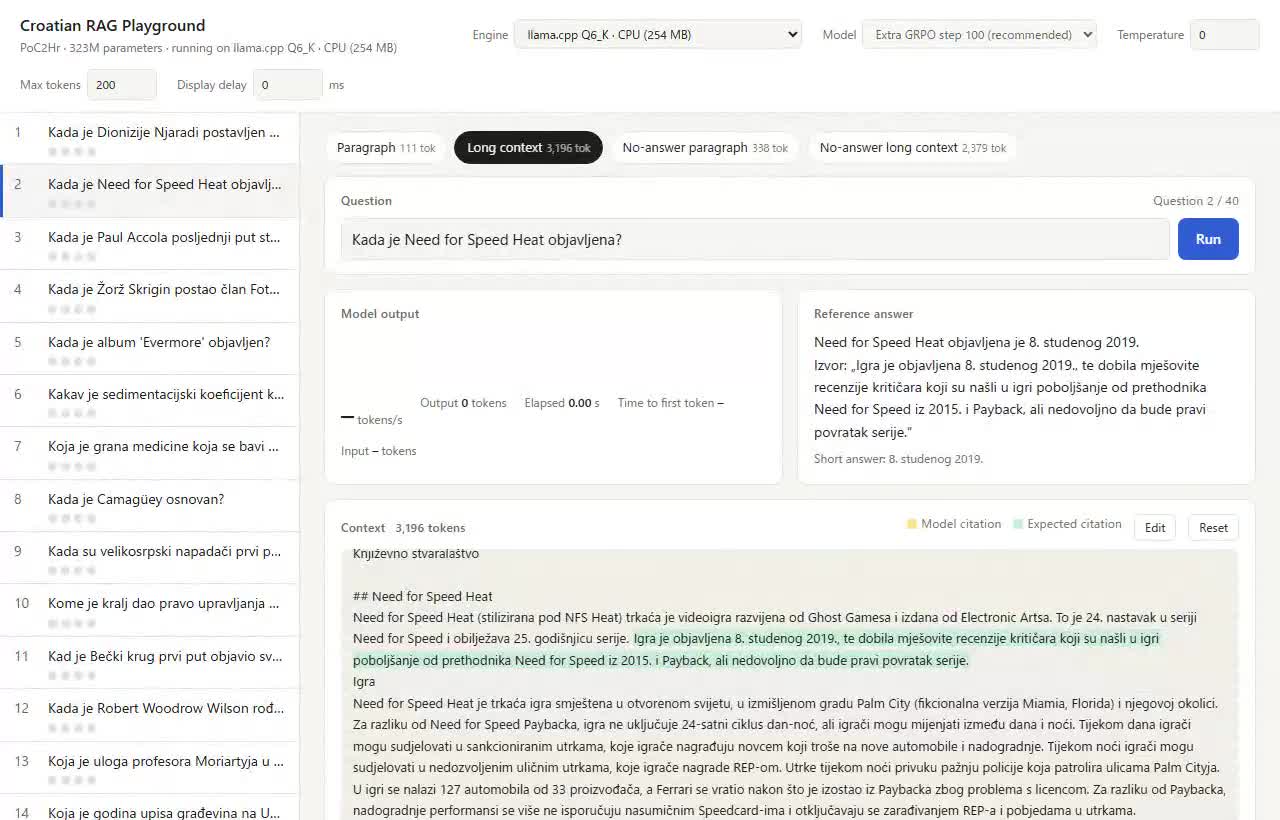 Работа llama.cpp Q6_K на CPU: модель отвечает на вопрос с длинным контекстом