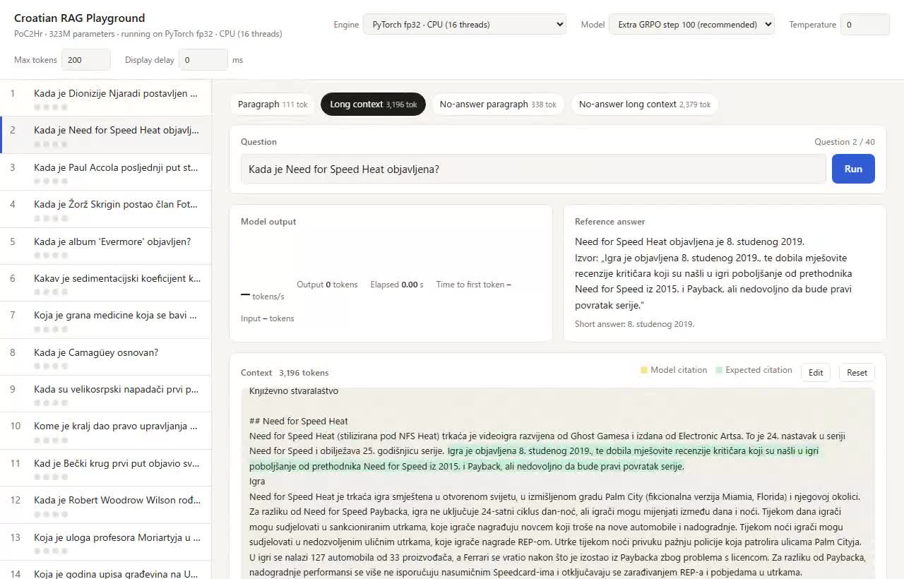 Работа PyTorch fp32 на CPU: модель отвечает на вопрос с длинным контекстом